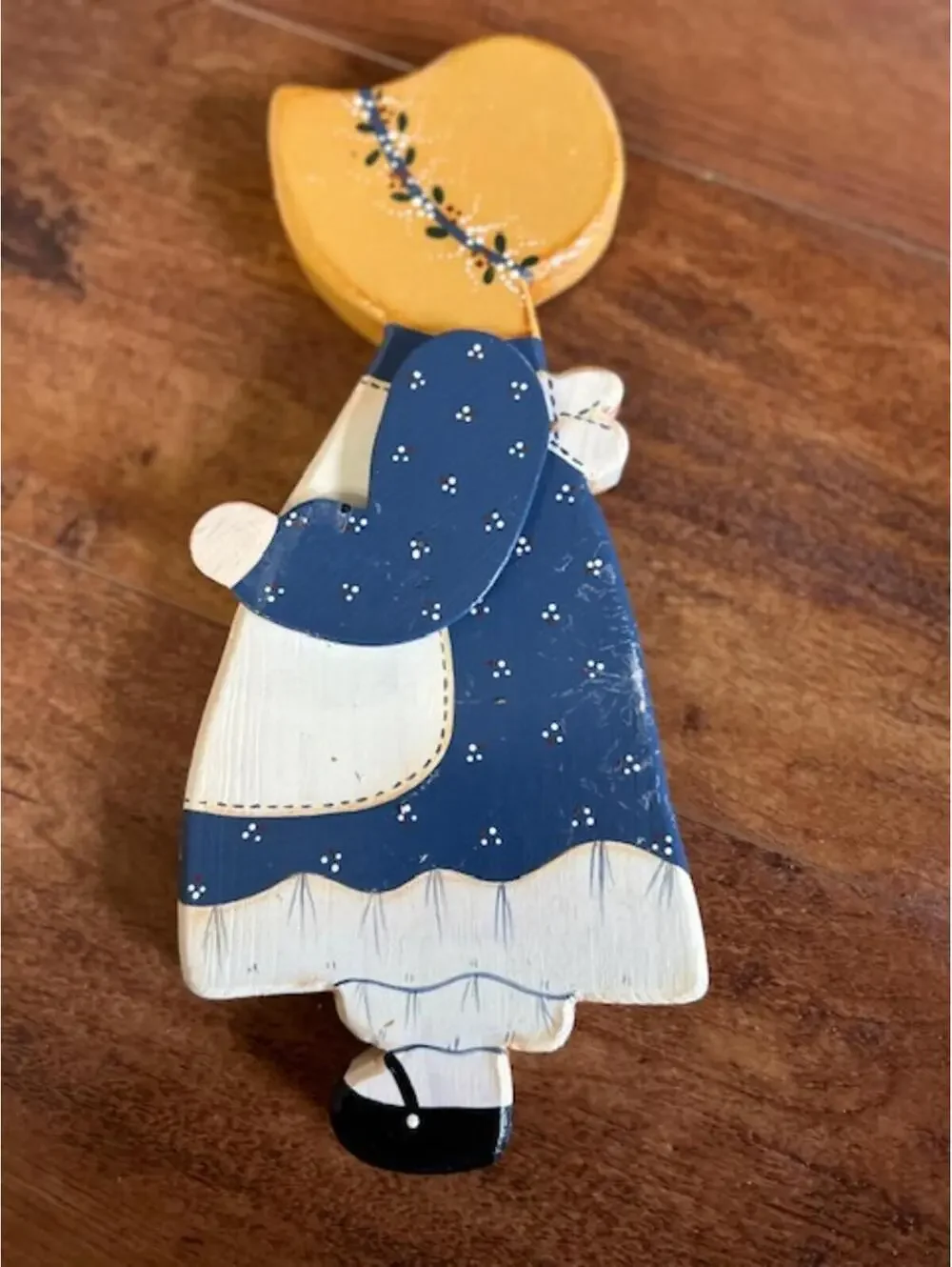 Vintage Wooden Wall Hanging Girl Figurine with Painted Dress and Hat